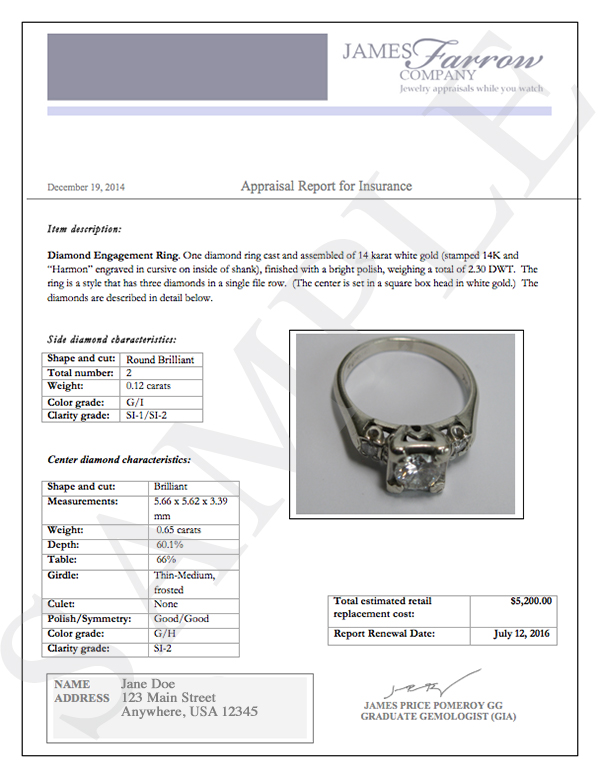 Sample diamond and jewelry appraisals James Farrow Company Jewelry