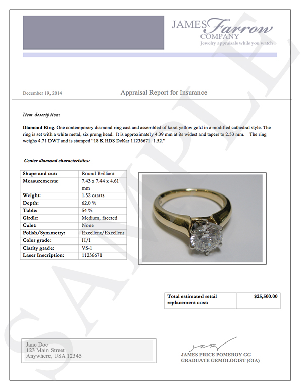 Sample diamond and jewelry appraisals | James Farrow Company Jewelry ...